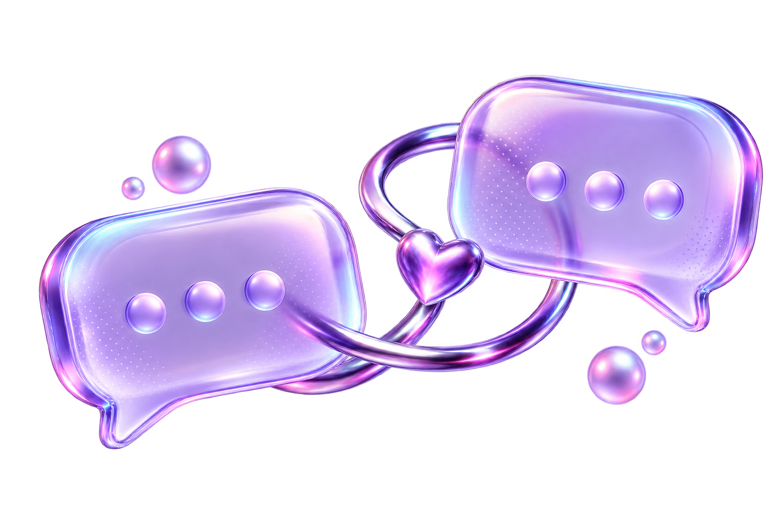 Two violet glass message bubbles linked by a chrome loop