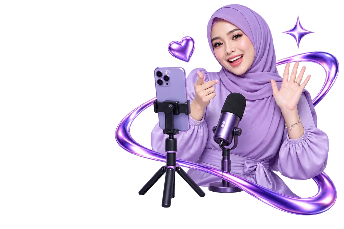 Chamet livestream host speaking into a microphone beside a smartphone