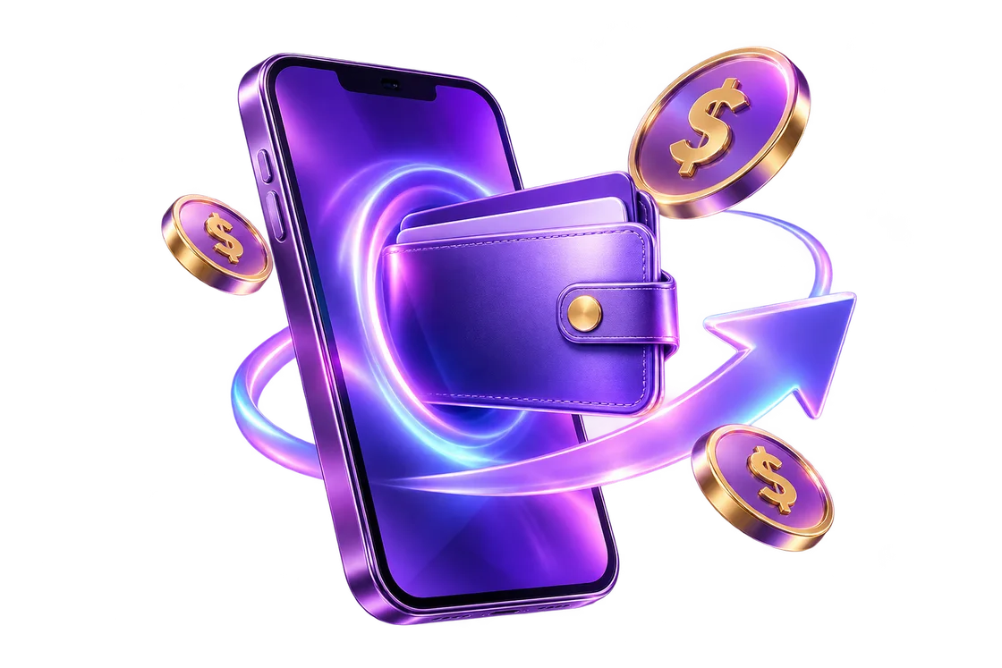 Purple chrome wallet and smartphone illustration for the Chamet withdrawal guide